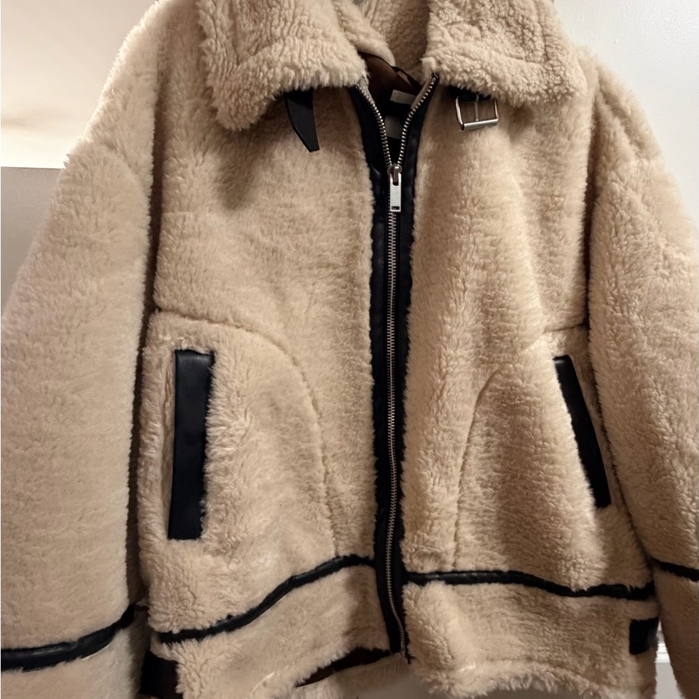 Primark Cream Shearling Jacket with Black Trim